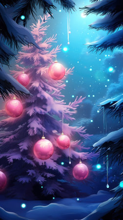 Rose-pink Christmas tree. Snow-covered woodland scene. Winter landscape, snowflakes falling.の素材