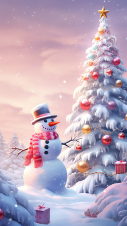 Christmas wonderland. Funny snowman in snow. Realistic 3d Christmas background. Pastel colors Christmas trees, festive atmosphere. Soft blue, pink colors.の素材