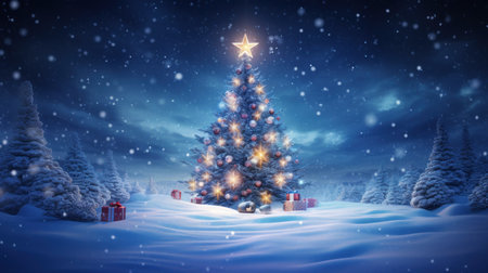 Holiday spirit. Christmas background. Christmas tree in the snow-covered forest adorned twinkling lights and colorful ornaments. Winter landscape.の素材