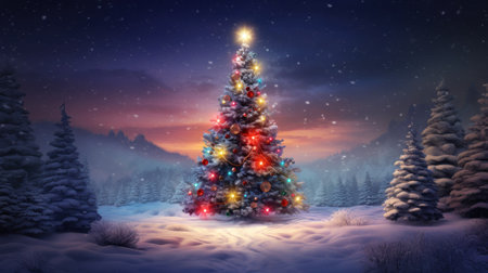 Holiday spirit. Christmas background. Christmas tree in the snow-covered forest adorned twinkling lights and colorful ornaments. Winter landscape.の素材