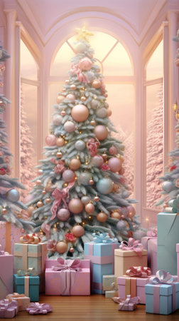 Christmas setting. Christmas trees decorated. Pastel colors Christmas trees with lots of gifts.の素材
