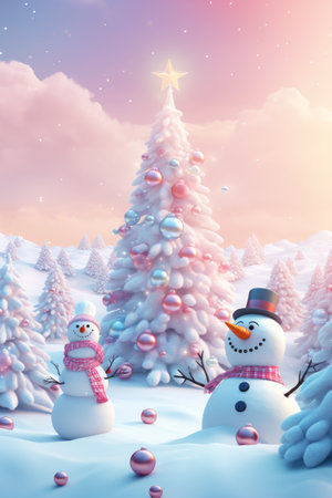 Christmas wonderland. Funny snowman in snow. Realistic 3d Christmas background. Pastel colors Christmas trees, festive atmosphere. Soft blue, pink colors.の素材
