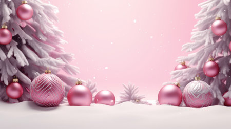 Pink balls and Snowflakes. Christmas composition. Xmas pine fir lush tree. Winter holiday cute background.の素材