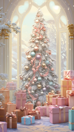 Christmas setting. Christmas trees decorated. Pastel colors Christmas trees with lots of gifts.の素材