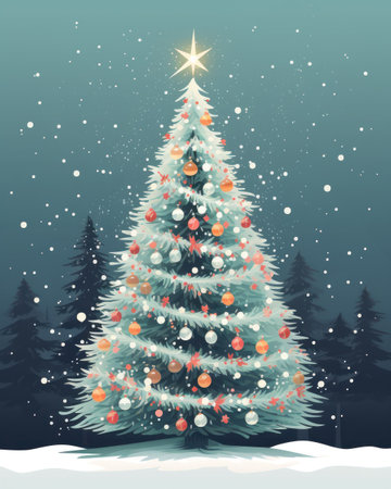 Painting watercolor Christmas tree in the snow-covered forest adorned twinkling lights and colorful ornaments. Winter landscape.の素材