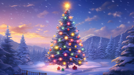 Holiday spirit. Christmas background. Christmas tree in the snow-covered forest adorned twinkling lights and colorful ornaments. Winter landscape.の素材
