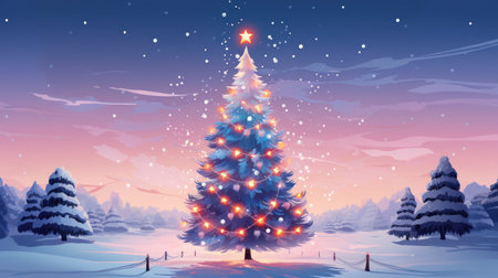 Rose-pink Christmas tree. Snow-covered woodland scene. Winter landscape, snowflakes falling.の素材