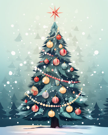 Painting watercolor Christmas tree in the snow-covered forest adorned twinkling lights and colorful ornaments. Winter landscape.の素材