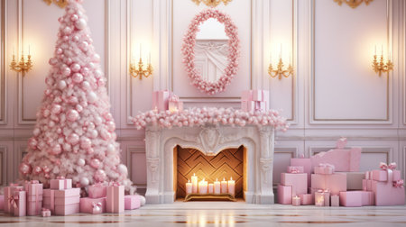 Christmas fantasy room with pink wall, white fireplace, pink christmas tree, gift boxes, candles.の素材