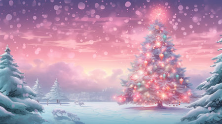 Rose-pink Christmas tree. Snow-covered woodland scene. Winter landscape, snowflakes falling.の素材