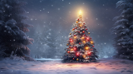 Holiday spirit. Christmas background. Christmas tree in the snow-covered forest adorned twinkling lights and colorful ornaments. Winter landscape.の素材