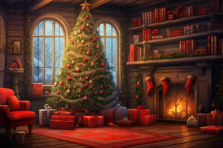 Christmas background. Cozy living room with decorated Christmas tree and fireplace.の素材