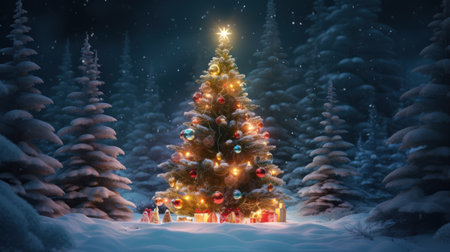 Holiday spirit. Christmas background. Christmas tree in the snow-covered forest adorned twinkling lights and colorful ornaments. Winter landscape.の素材