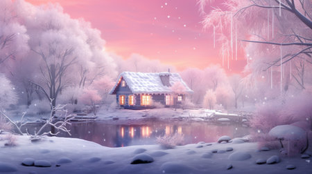 Winter landscape,single cozy cabin, holiday magic. Pastel colors Christmas background. Snow-covered woodland scene, soft pastel hues of lavender and rose-pink.の素材