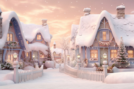 Winter landscape, cozy christmas village, holiday magic. Pastel colors Christmas background. Snow-covered woodland scene.の素材