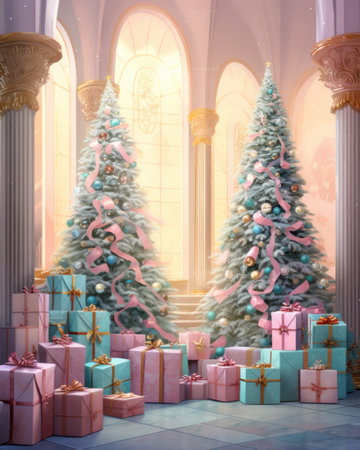 Christmas setting. Christmas trees decorated. Pastel colors Christmas trees with lots of gifts.の素材
