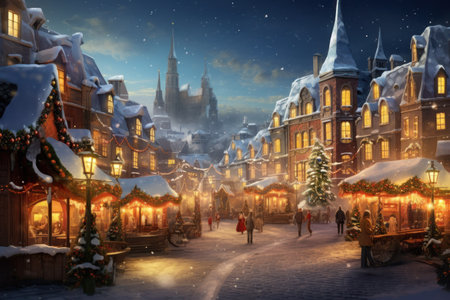 Photographic scene of Christmas market in an ancient European town. Winter streets with stalls selling festive treats. Winter evening.の素材