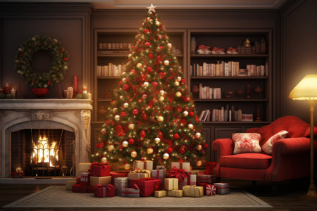 Christmas background. Cozy living room with decorated Christmas tree and fireplace.の素材