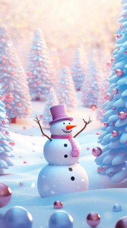 Christmas wonderland. Funny snowman in snow. Realistic 3d Christmas background. Pastel colors Christmas trees, festive atmosphere. Soft blue, pink colors.の素材