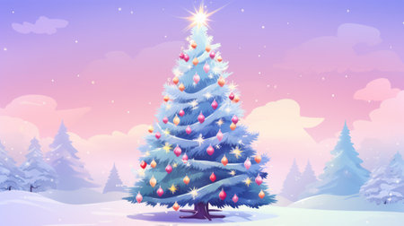 Pastel colors Christmas background. Snow-covered woodland scene, soft pastel hues of lavender and rose-pink. Winter landscape, with snowflakes falling.の素材