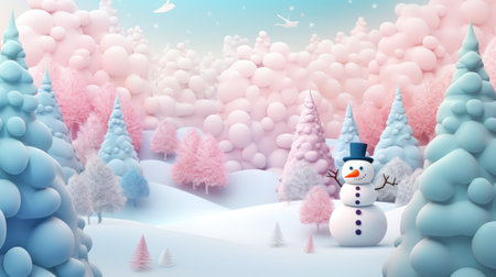Christmas wonderland. Funny snowman in snow. Realistic 3d Christmas background. Pastel colors Christmas trees, festive atmosphere. Soft blue, pink colors.の素材