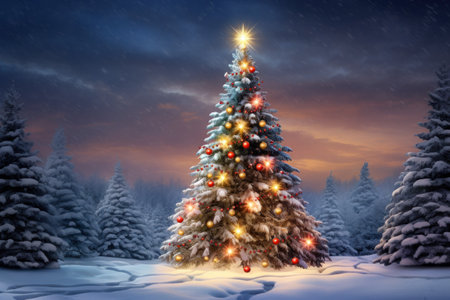 Holiday spirit. Christmas background. Christmas tree in the snow-covered forest adorned twinkling lights and colorful ornaments. Winter landscape.の素材