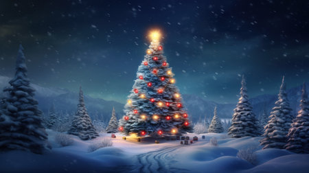 Holiday spirit. Christmas background. Christmas tree in the snow-covered forest adorned twinkling lights and colorful ornaments. Winter landscape.の素材