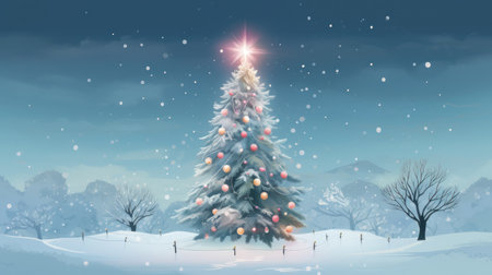Holiday spirit. Christmas background. Christmas tree in the snow-covered forest adorned twinkling lights and colorful ornaments. Winter landscape.の素材