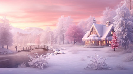 Winter landscape,single cozy cabin, holiday magic. Pastel colors Christmas background. Snow-covered woodland scene, soft pastel hues of lavender and rose-pink.の素材