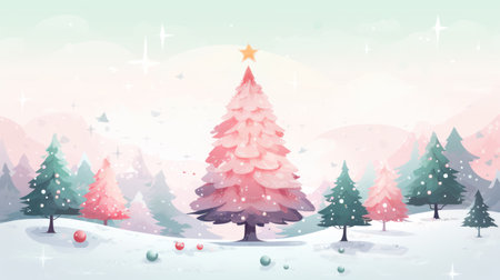 Pastel colors Christmas background. Snow-covered woodland scene, soft pastel hues of lavender and rose-pink. Winter landscape, with snowflakes falling.の素材