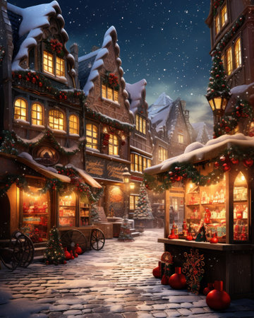 Photographic scene of Christmas market in an ancient European town. Winter streets with stalls selling festive treats. Winter evening.の素材