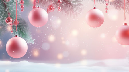 Pink balls and Snowflakes. Christmas composition. Xmas pine fir lush tree. Winter holiday cute background.の素材
