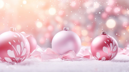 Pink balls and Snowflakes. Christmas composition. Xmas pine fir lush tree. Winter holiday cute background.の素材