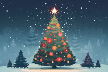Painting watercolor Christmas tree in the snow-covered forest adorned twinkling lights and colorful ornaments. Winter landscape.の素材