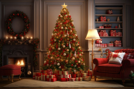 Christmas background. Cozy living room with decorated Christmas tree and fireplace.の素材