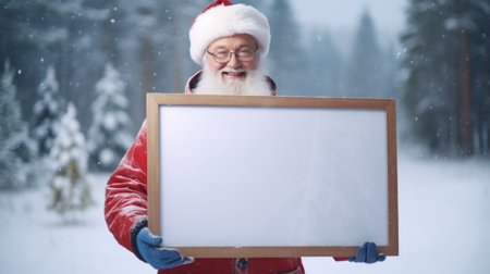 Merry Christmas and Happy Holidays! Portrait of Santa Claus holding blank whiteboard in snowy forest.の素材
