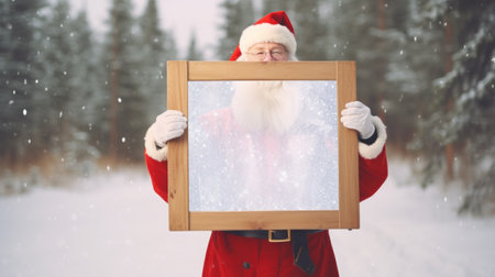 christmas, holidays and people concept - man in costume of santa claus with wooden frame over snowy forest backgroundの素材