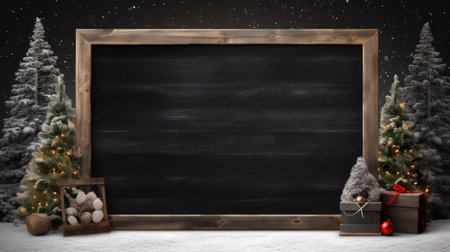 Blackboard with christmas tree and presents in snow 3D renderingの素材