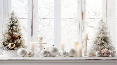 Christmas decoration with burning candles and baubles on white wooden backgroundの素材
