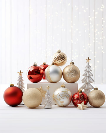 Christmas background with baubles and decorations on white wooden table.の素材