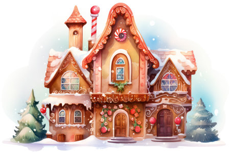 Christmas gingerbread house in the snow on a white background. Watercolor illustrationの素材