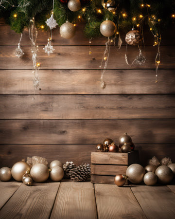 Christmas tree with baubles and decorations on rustic wooden backgroundの素材