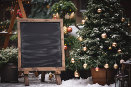 Blank blackboard with christmas tree and decorations on background.の素材