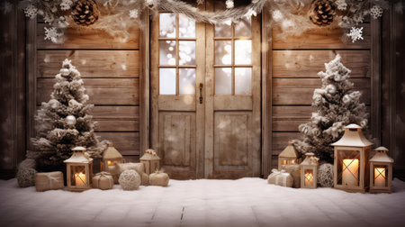 Wooden door with christmas decorations and candles. 3d renderingの素材