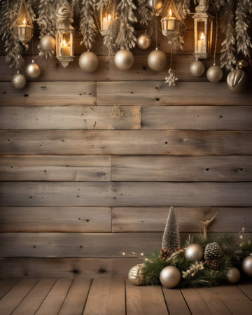 Christmas background with fir branches and baubles on wooden planksの素材