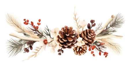 Watercolor christmas wreath isolated on white background. Hand painted twigs, cones and berries.の素材