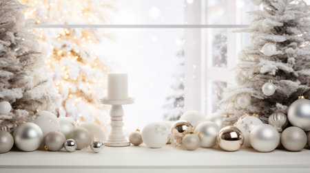 Christmas tree with white and silver balls and candle on a windowsillの素材