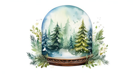 Watercolor winter landscape with fir trees and snowflakes. Hand drawn illustrationの素材