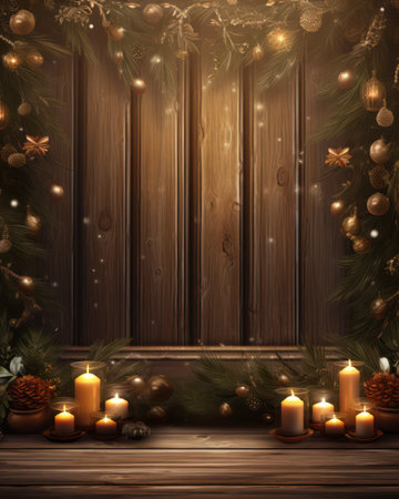 Christmas background with burning candles and fir branches in front of wooden wallの素材