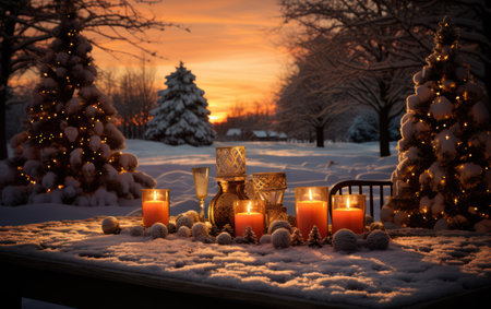 Burning candles in the snow against the backdrop of a beautiful sunsetの素材